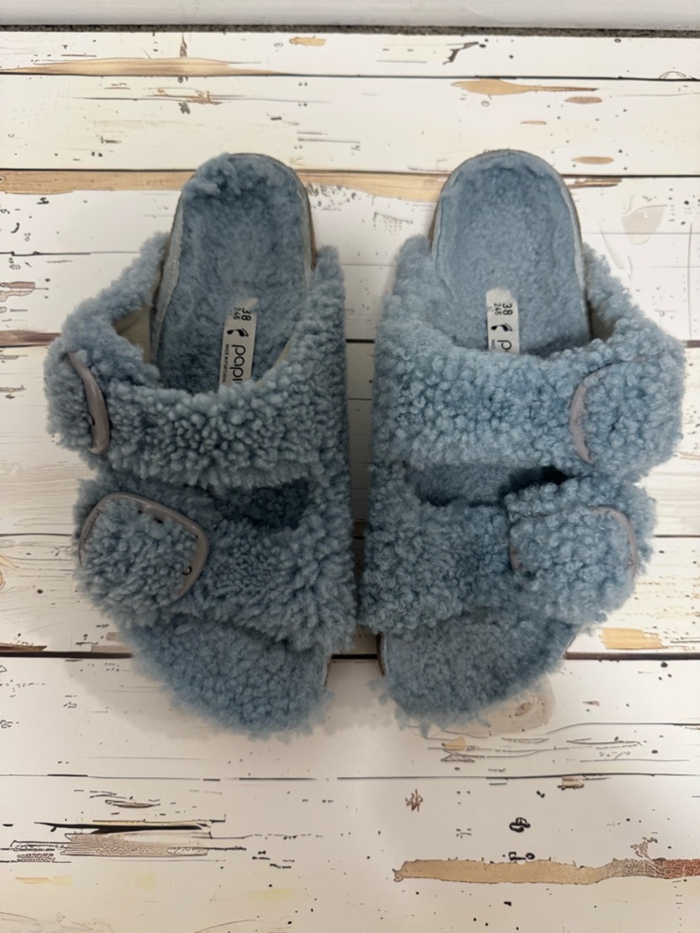 Papillio Shearling Double-Buckle Slippers in Pale Blue